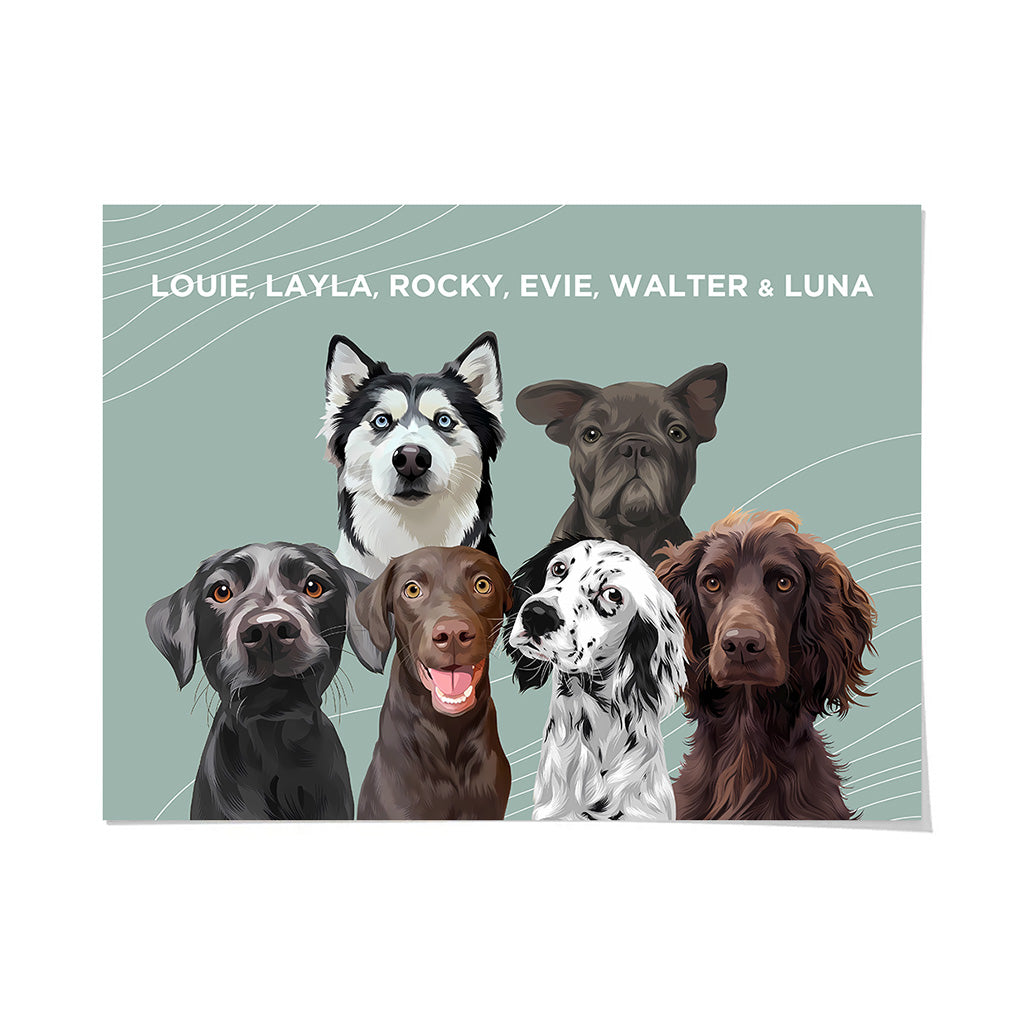 Royal and Paws - Framed Poster Modern Pet Portrait - Six Pets 10" x 8" / Unframed / Sage