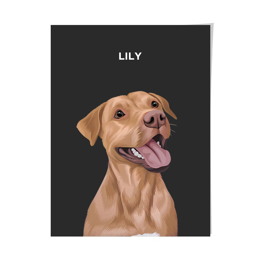 Custom pet portrait of a smiling yellow Labrador Retriever named Lily, digitally illustrated and featured on a vertical unframed poster with a charcoal gray background, perfect for modern home decor and thoughtful pet gifts