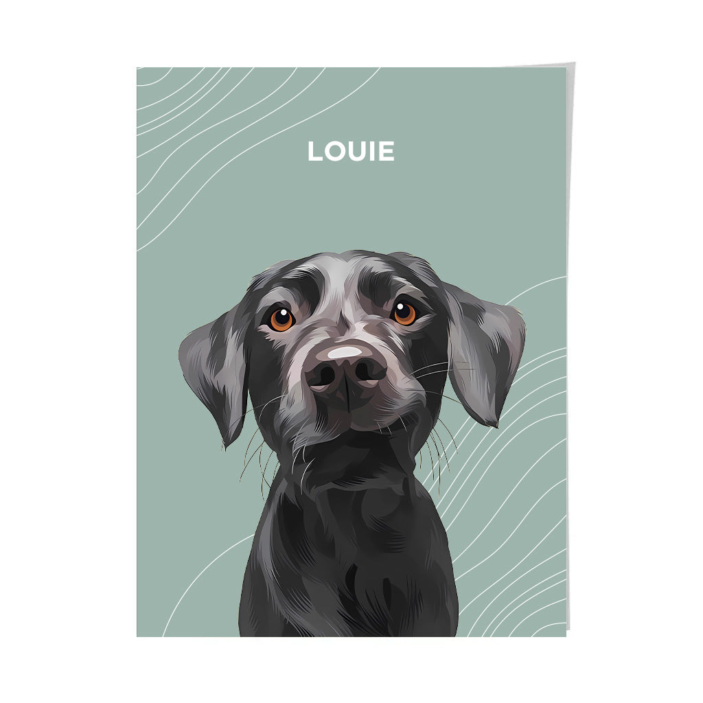 Custom pet portrait of a black Labrador Retriever named Louie, digitally illustrated on a vertical poster with a sage green background featuring wavy abstract lines, ideal for personalized pet gifts and modern wall art