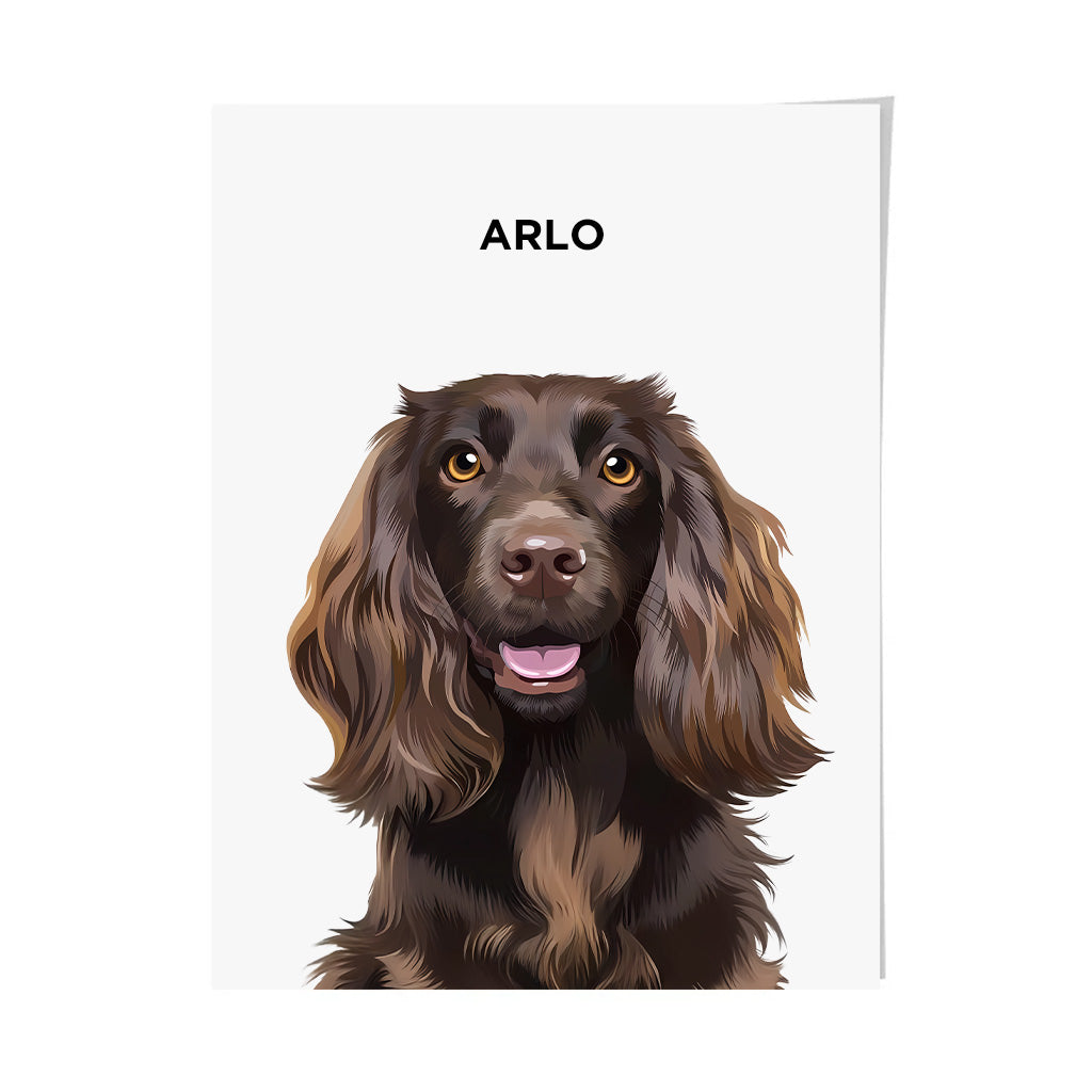 Custom pet portrait of a chocolate brown Cocker Spaniel named Arlo, digitally illustrated and displayed on a vertical unframed poster with a clean white background, ideal for minimalist home decor and personalized gifts
