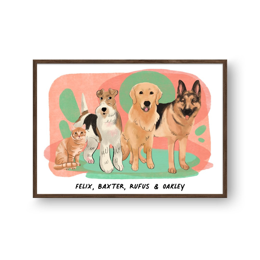 Premium Watercolor Pet Portrait - Four Pets, Framed Poster