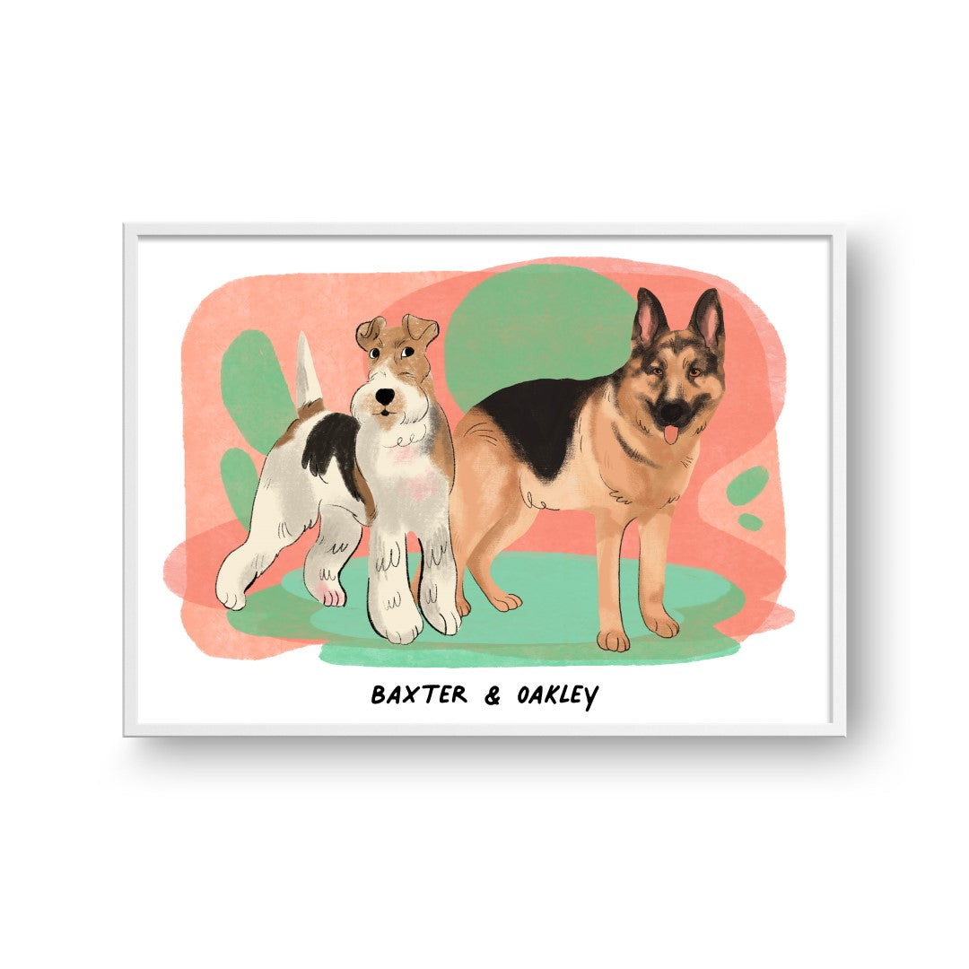 Premium Watercolor Pet Portrait - Two Pets, Framed Poster
