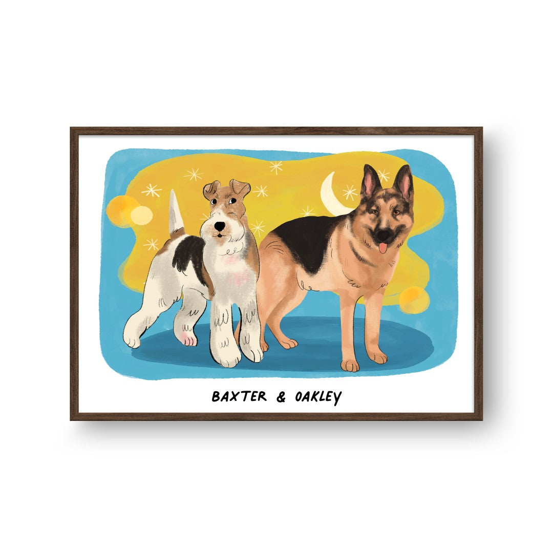 Premium Watercolor Pet Portrait - Two Pets, Framed Poster