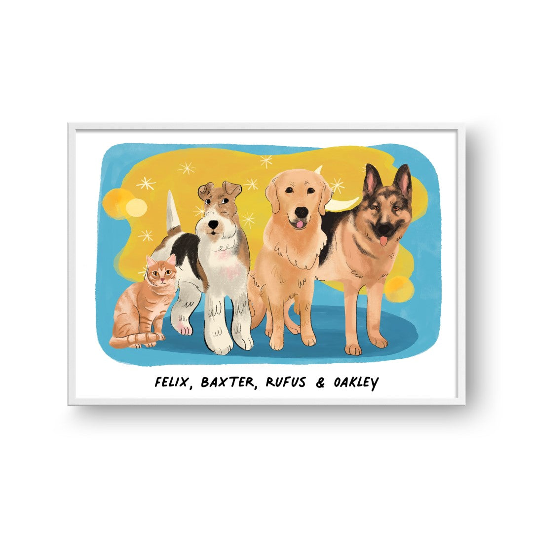 Premium Watercolor Pet Portrait - Four Pets, Framed Poster