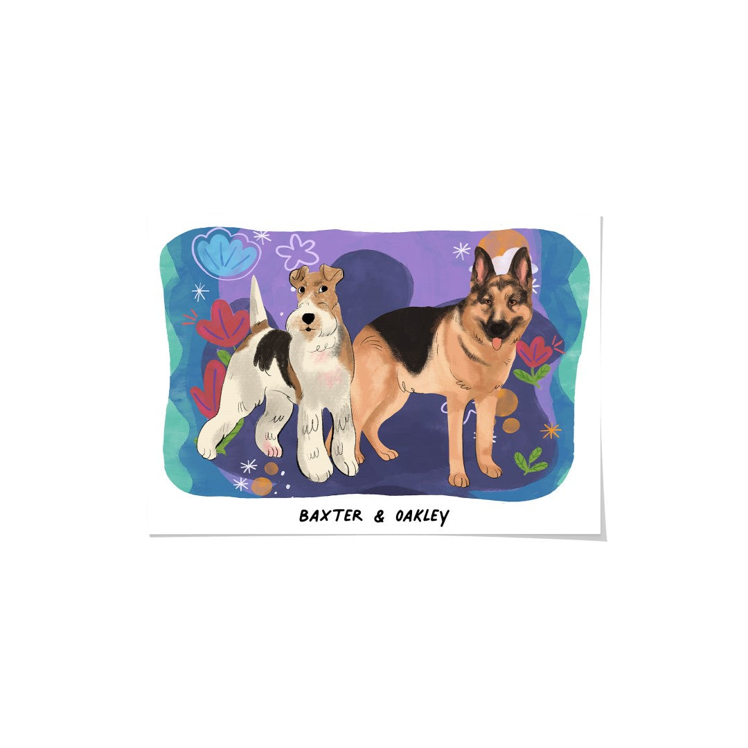 Premium Watercolor Pet Portrait - Two Pets, Framed Poster