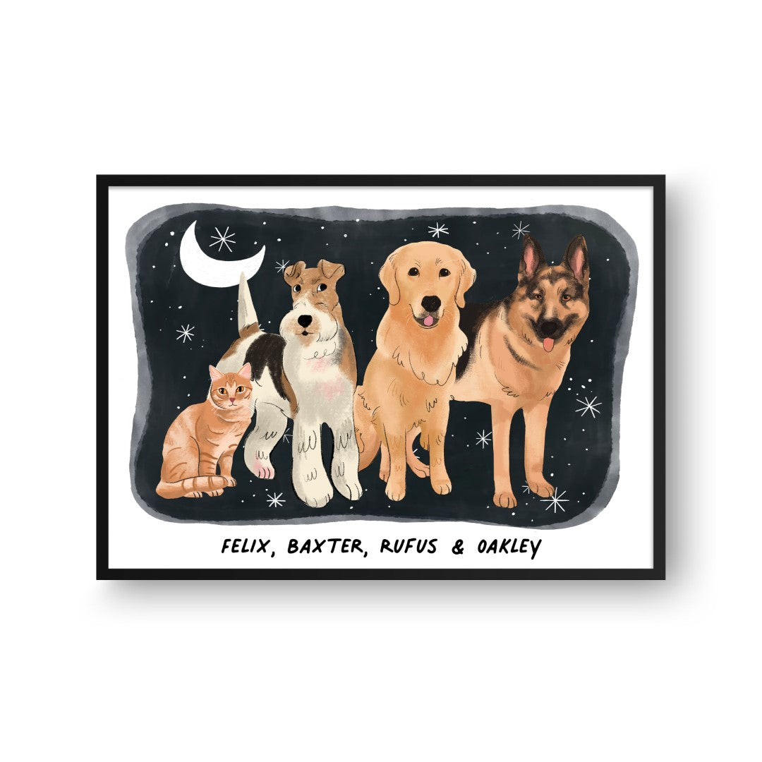 Premium Watercolor Pet Portrait - Four Pets, Framed Poster