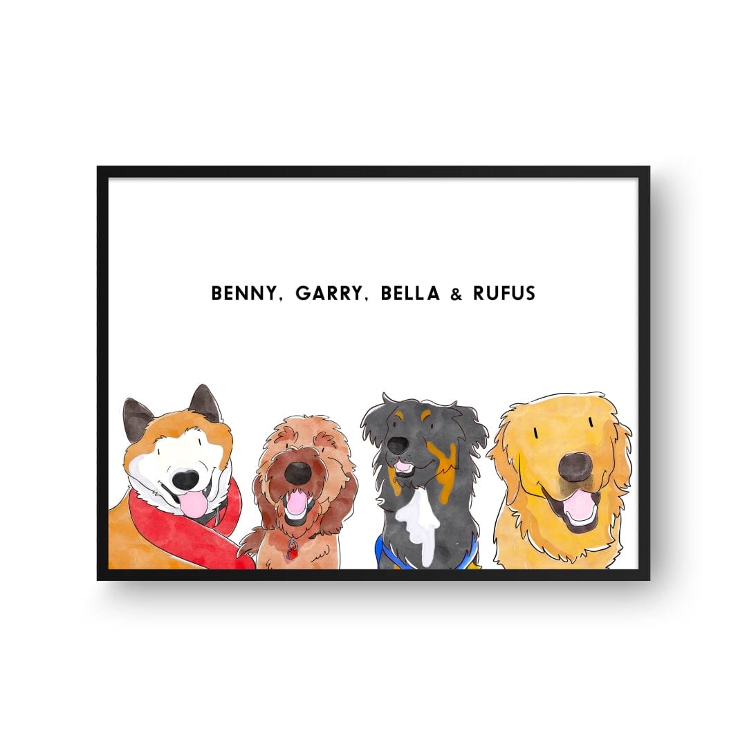 Royal and Paws - Framed Poster Watercolor Pet Portrait - Four Pets
