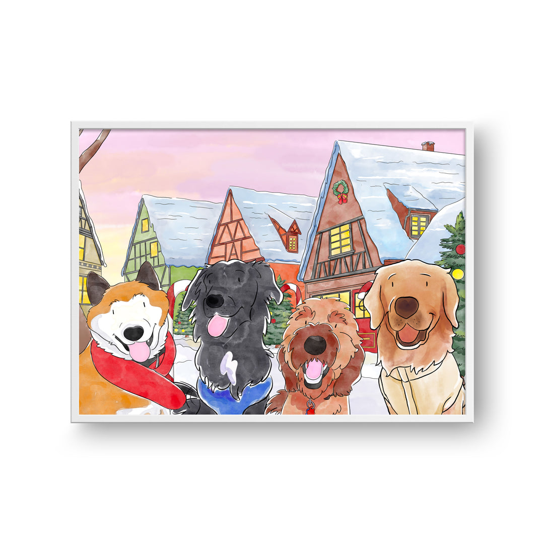 Christmas Watercolor Pet Portrait - Four Pets