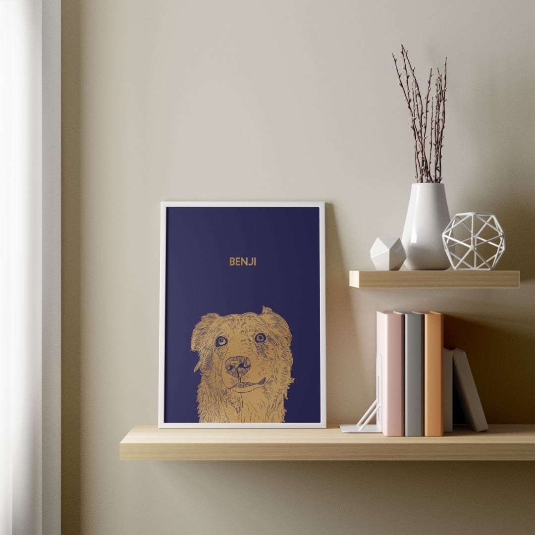 Illustrated Gold Foil Pet Portrait - One Pet, Framed Print