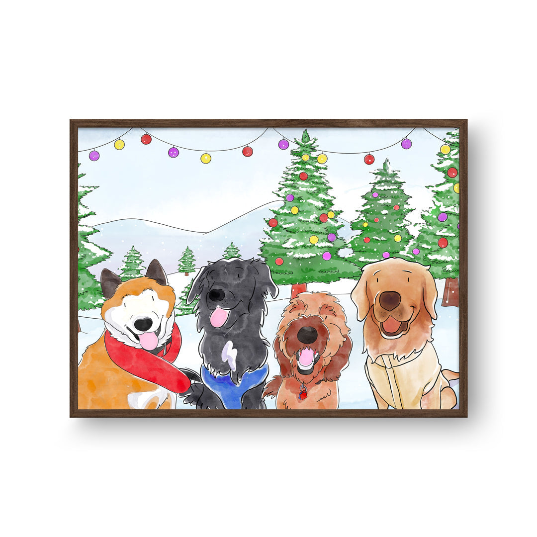 Christmas Watercolor Pet Portrait - Four Pets