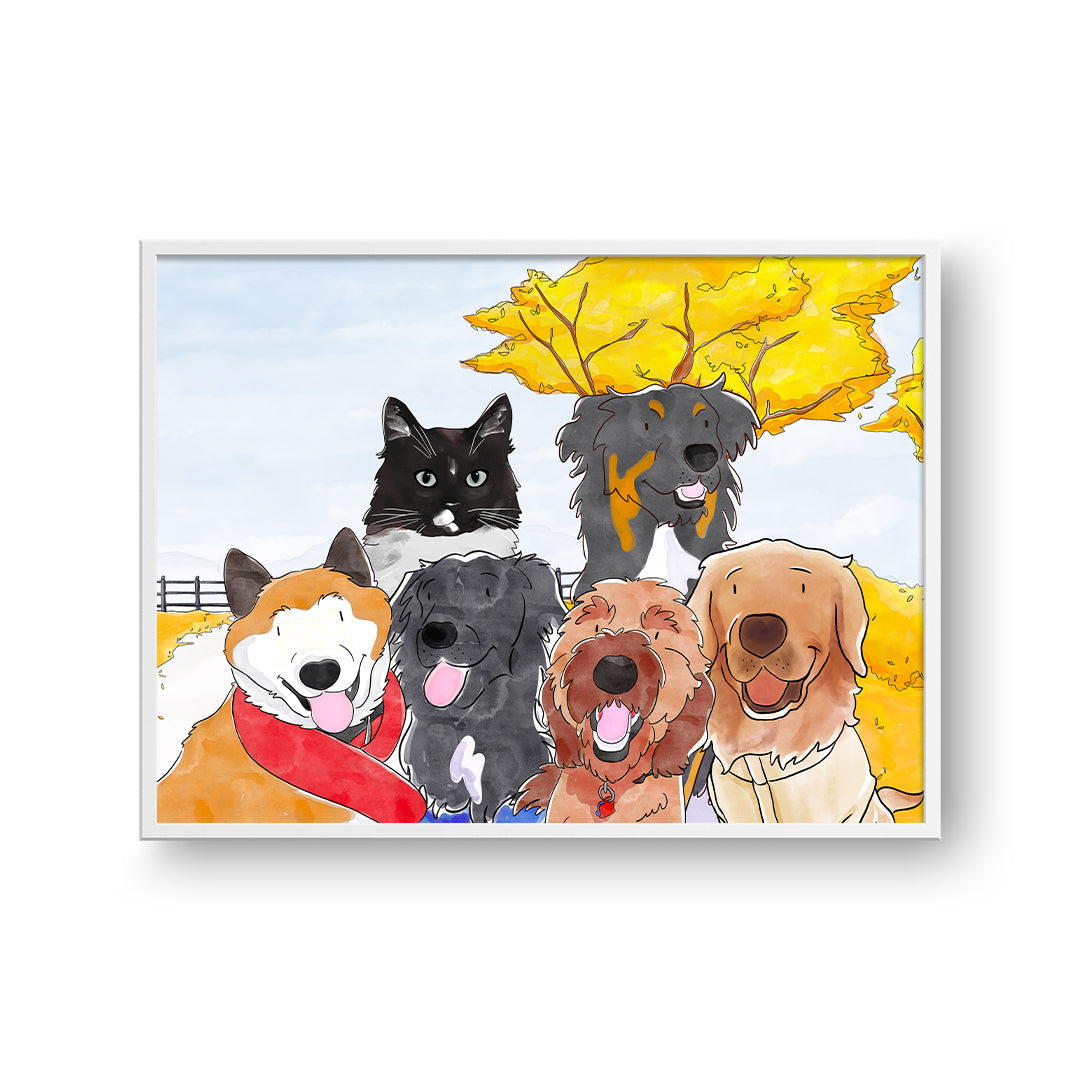 Watercolor Pet Portrait - Six Pets, Framed Poster