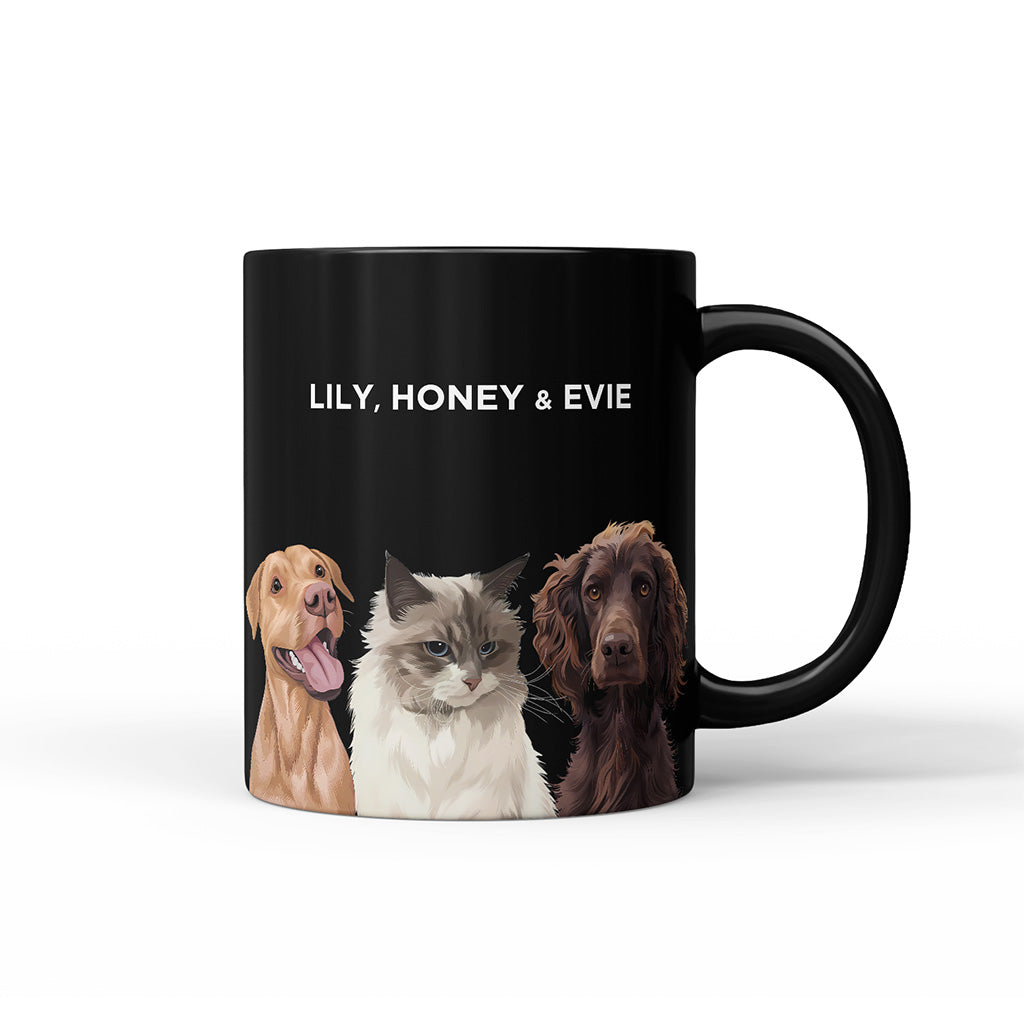 Royal and Paws - Mug Custom Modern Pet Portrait Mug - Three Pets 11oz - Black