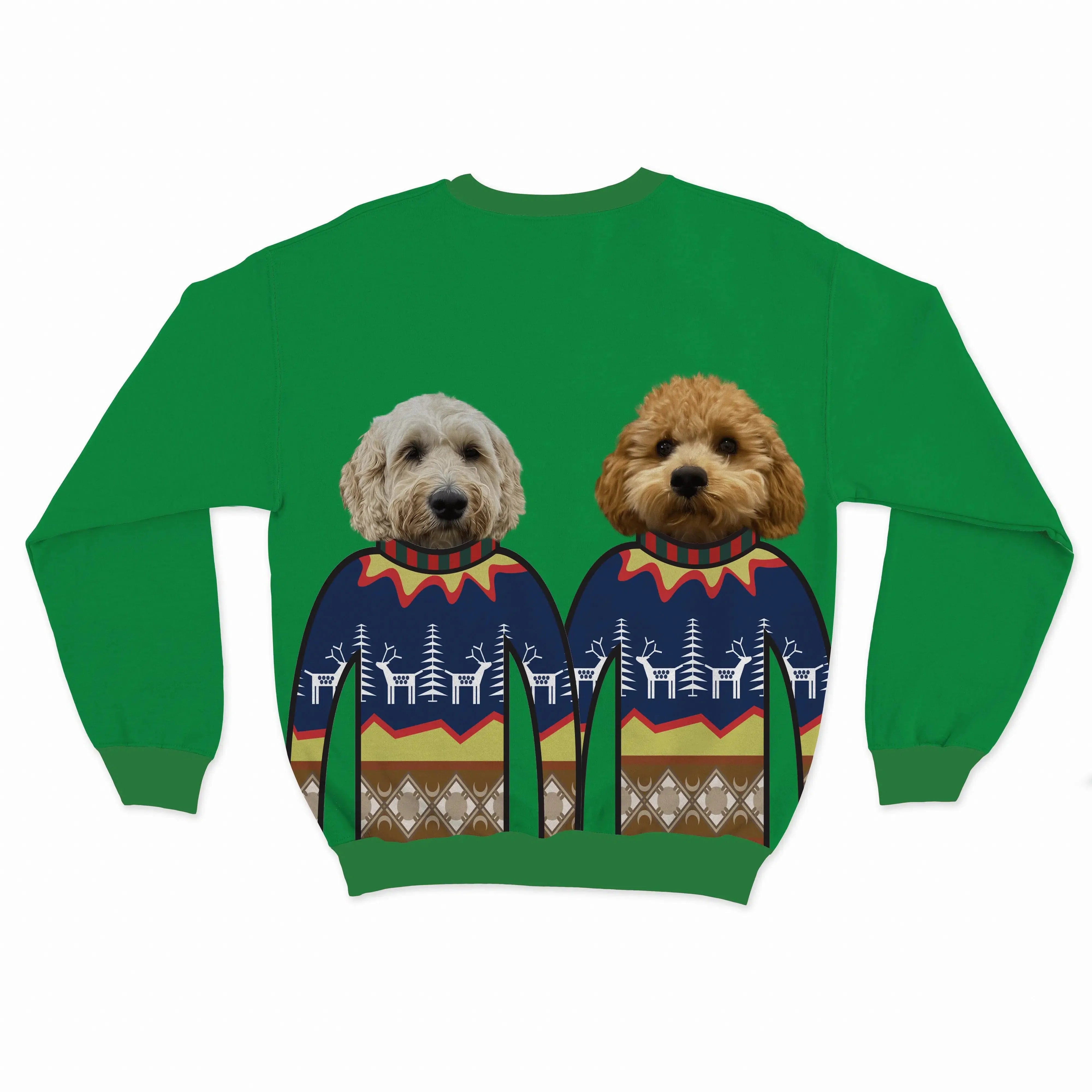 Royal and Paws - Custom Clothing Custom Pet Face Christmas Sweatshirt - Two Pets Festive Green / Blue / S