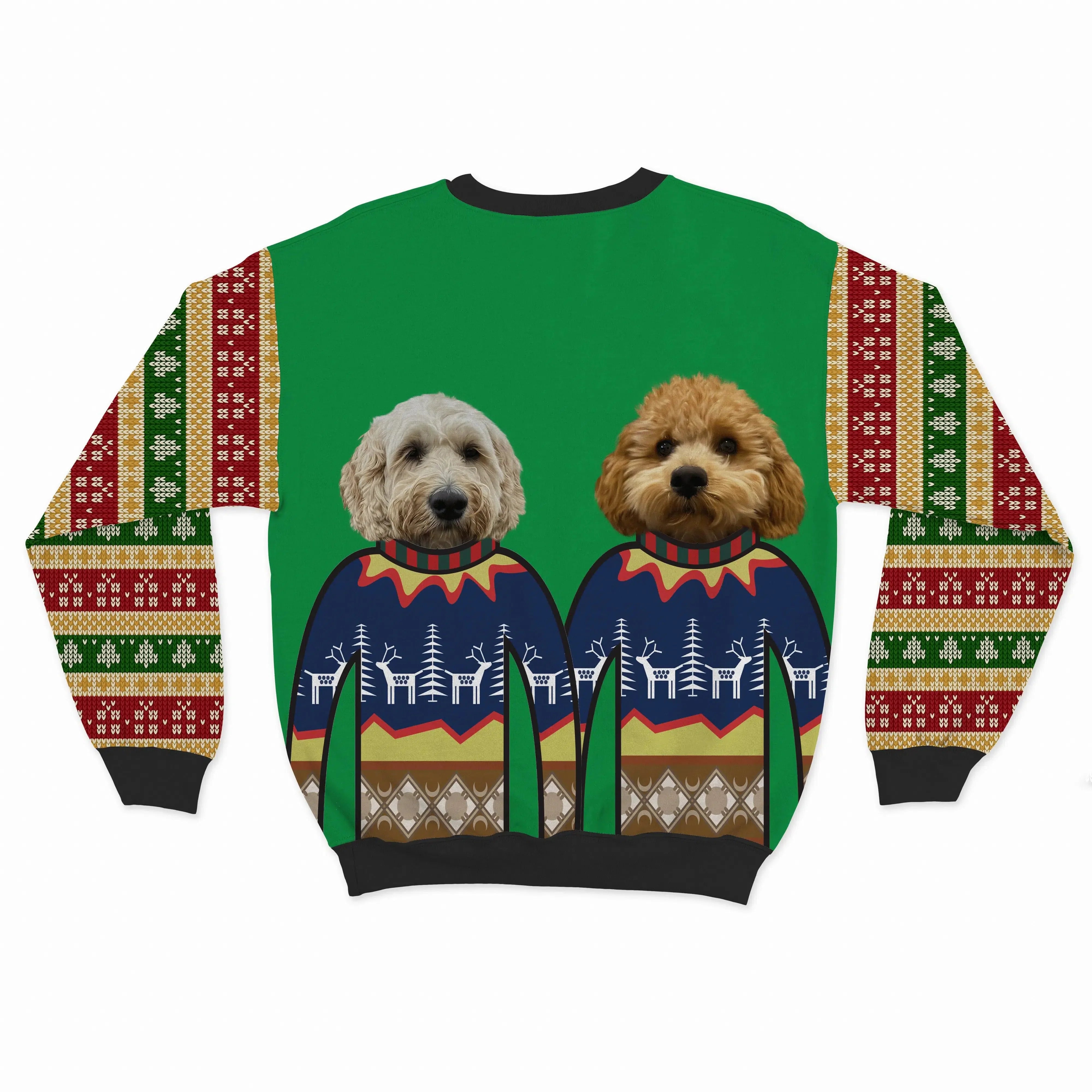 Royal and Paws - Custom Clothing Premium Christmas Sweatshirt - Two Pets Festive Green / Gifts and Bells / S