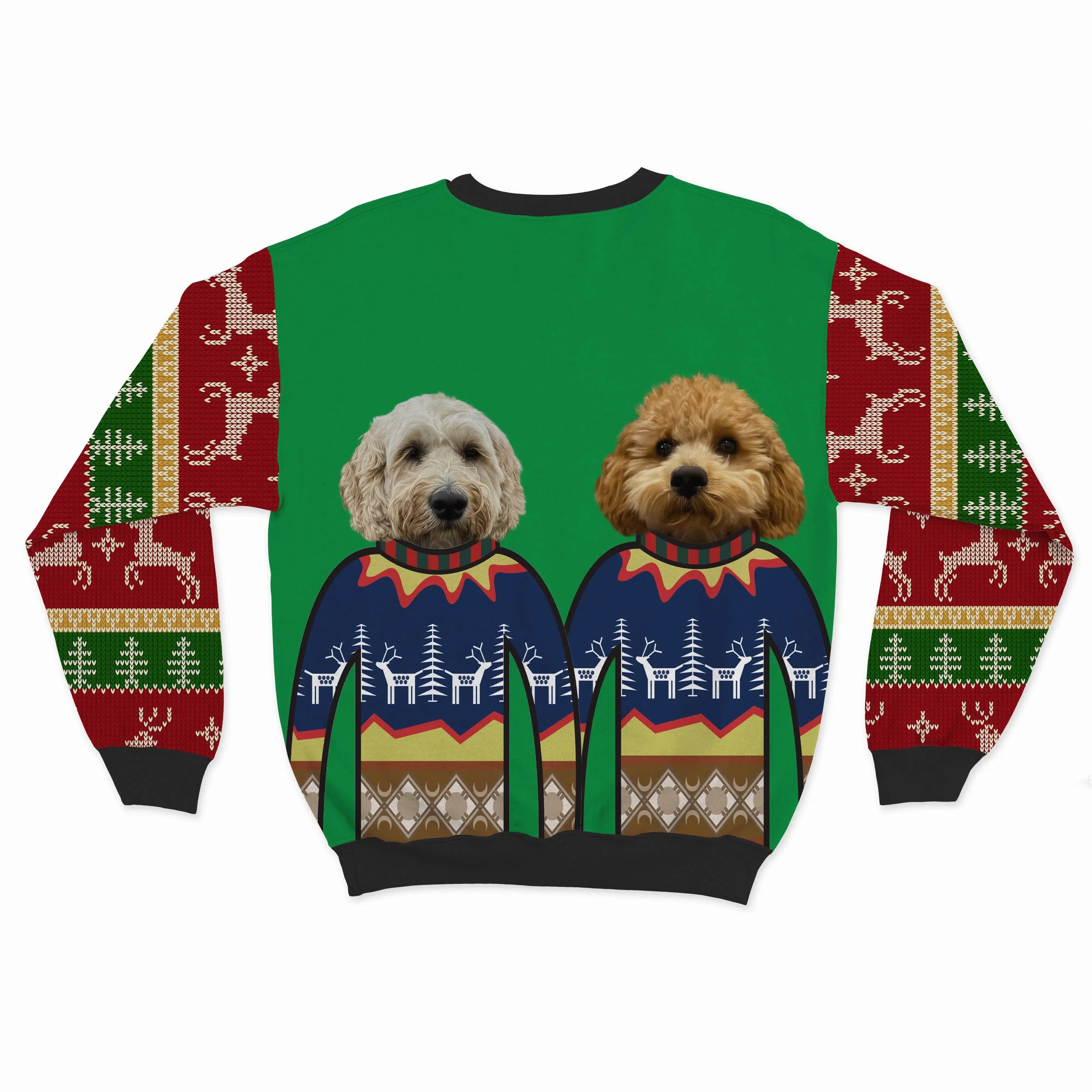 Royal and Paws - Custom Clothing Premium Christmas Sweatshirt - Two Pets Festive Green / Reindeer and Trees / S