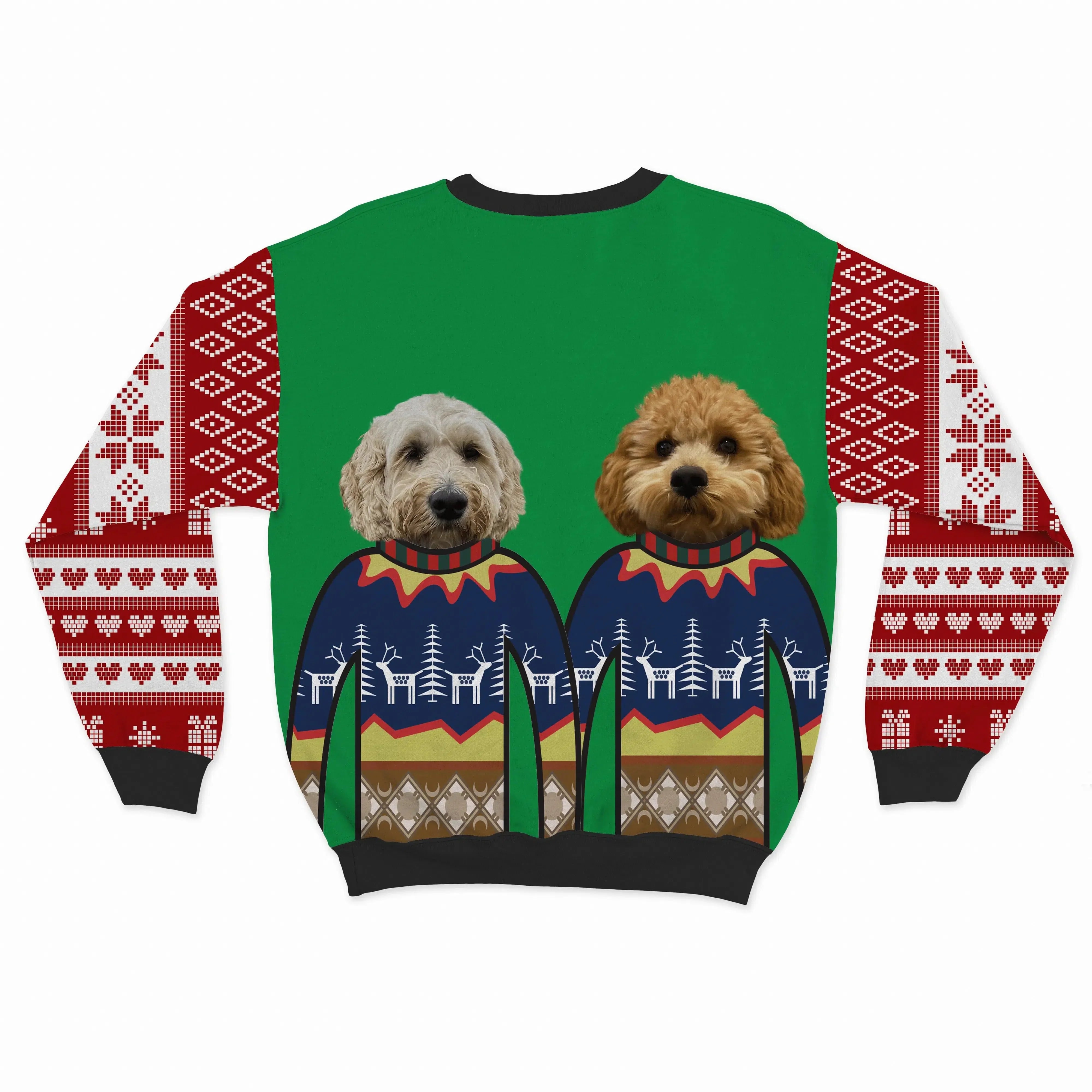 Royal and Paws - Custom Clothing Premium Christmas Sweatshirt - Two Pets Festive Green / Snowflakes and Hearts / S
