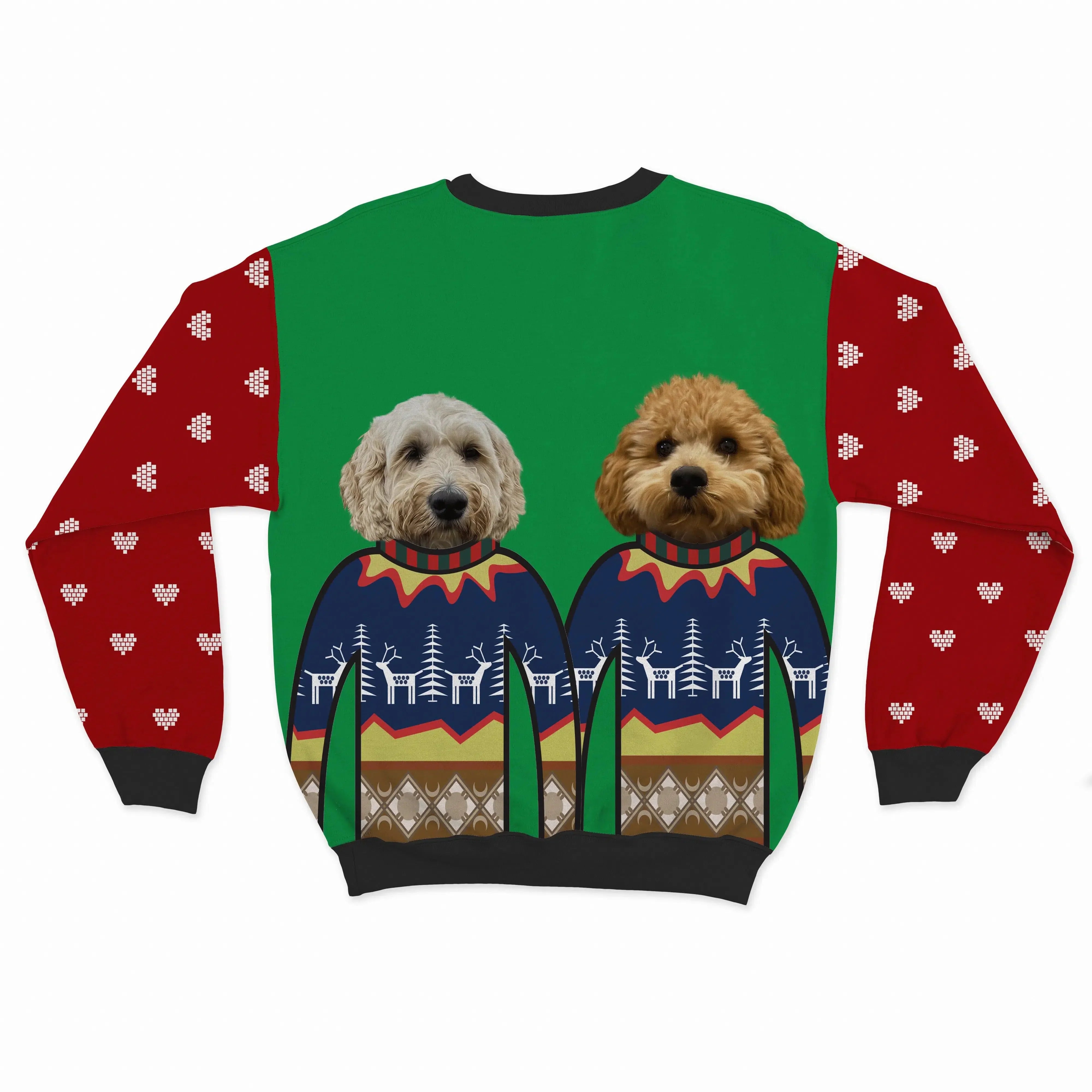 Royal and Paws - Custom Clothing Premium Christmas Sweatshirt - Two Pets Festive Green / Hearts / S