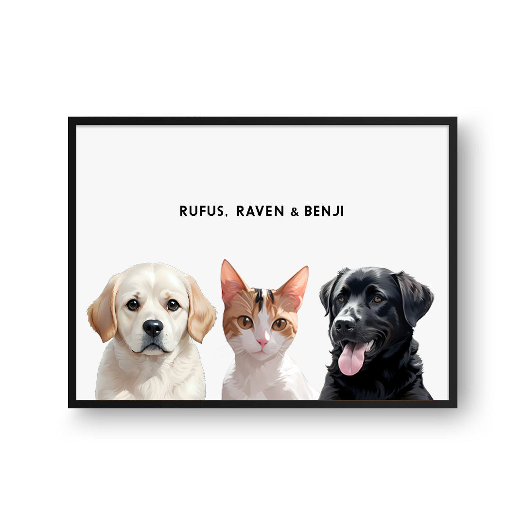 Royal and Paws - Framed Poster Modern Pet Portrait - Three Pets 8" x 10" / Black / White