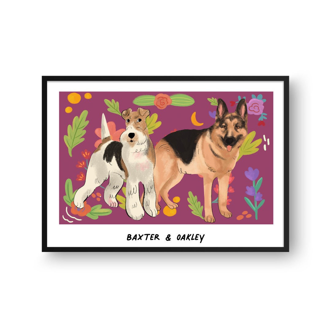 Premium Watercolor Pet Portrait - Two Pets, Framed Poster