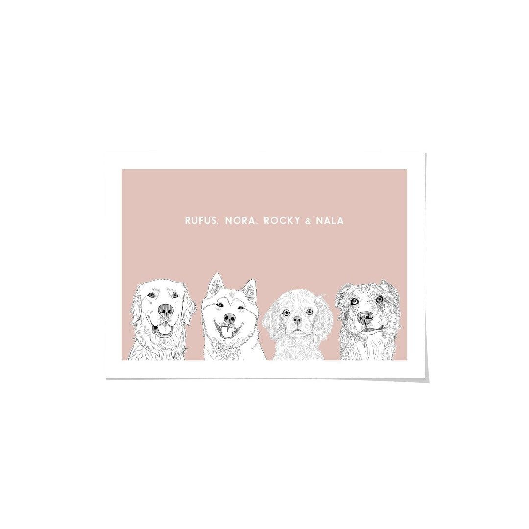 Royal and Paws - Framed Poster Illustrated Pet Portrait - Four Pets 8" x 10" / Unframed / Blush