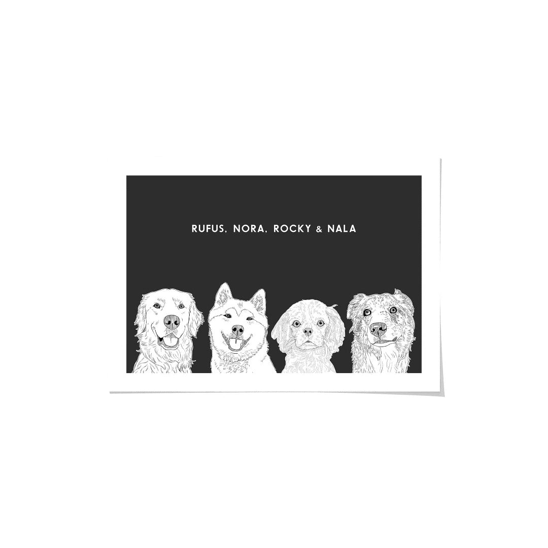 Royal and Paws - Framed Poster Illustrated Pet Portrait - Four Pets 8" x 10" / Unframed / Charcoal