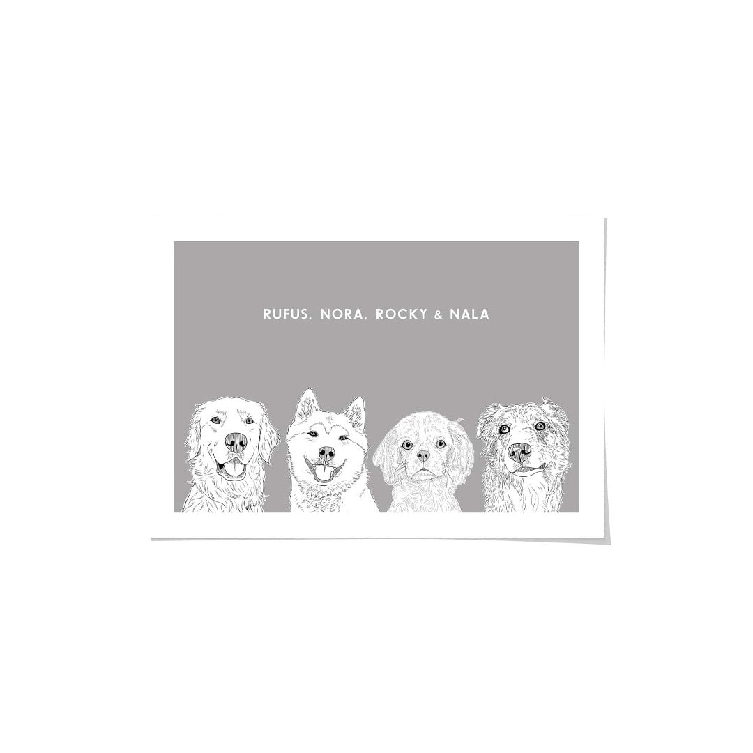 Royal and Paws - Framed Poster Illustrated Pet Portrait - Four Pets 8" x 10" / Unframed / Grey