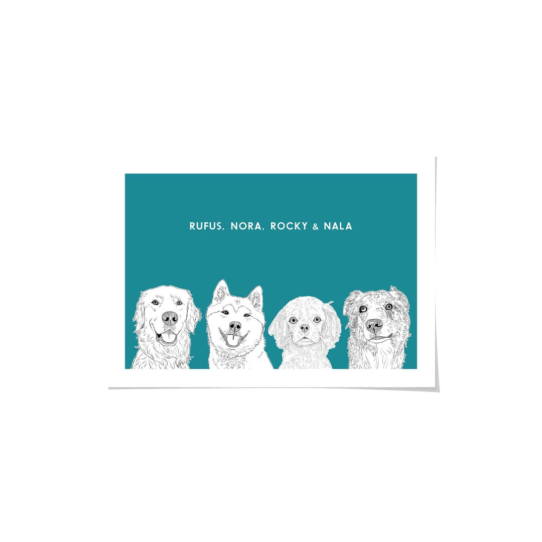 Royal and Paws - Framed Poster Illustrated Pet Portrait - Four Pets 8" x 10" / Unframed / Aquamarine