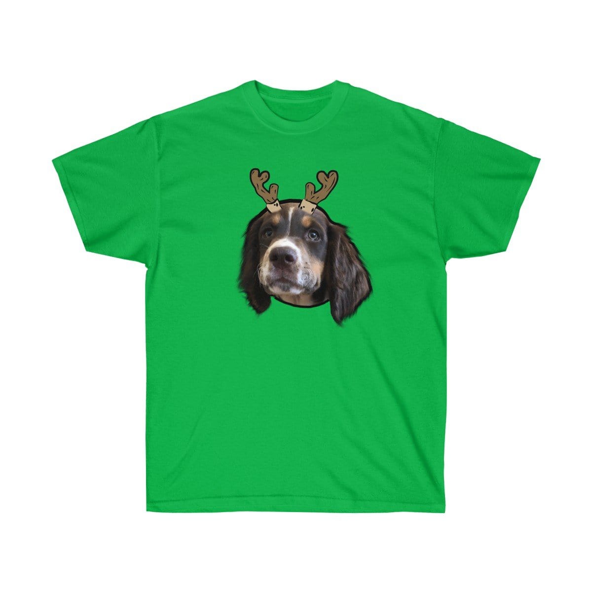 Royal and Paws - Custom Clothing Novelty Pet Face Christmas T-Shirt Festive Green / Reindeer Antlers / S