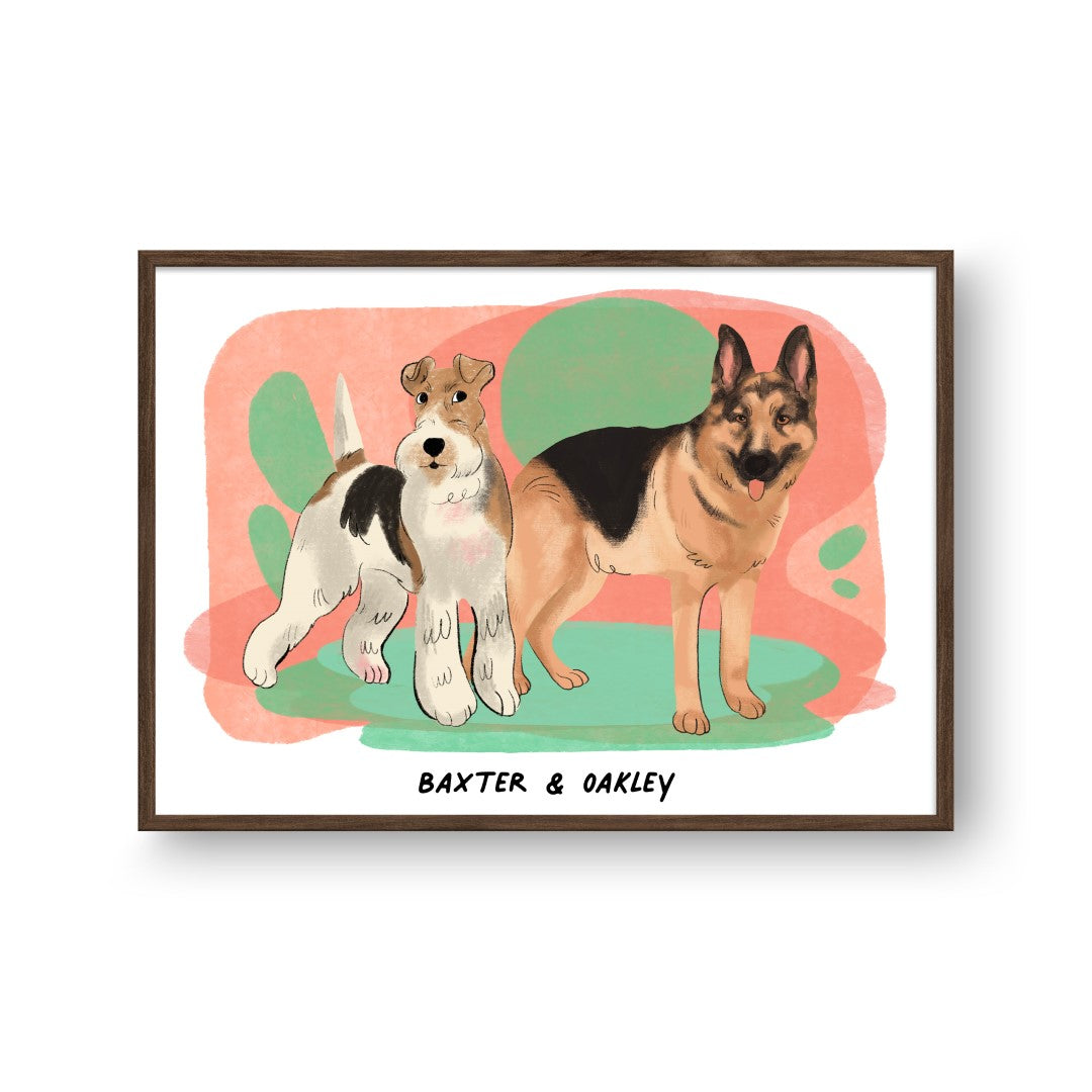 Premium Watercolor Pet Portrait - Two Pets, Framed Poster