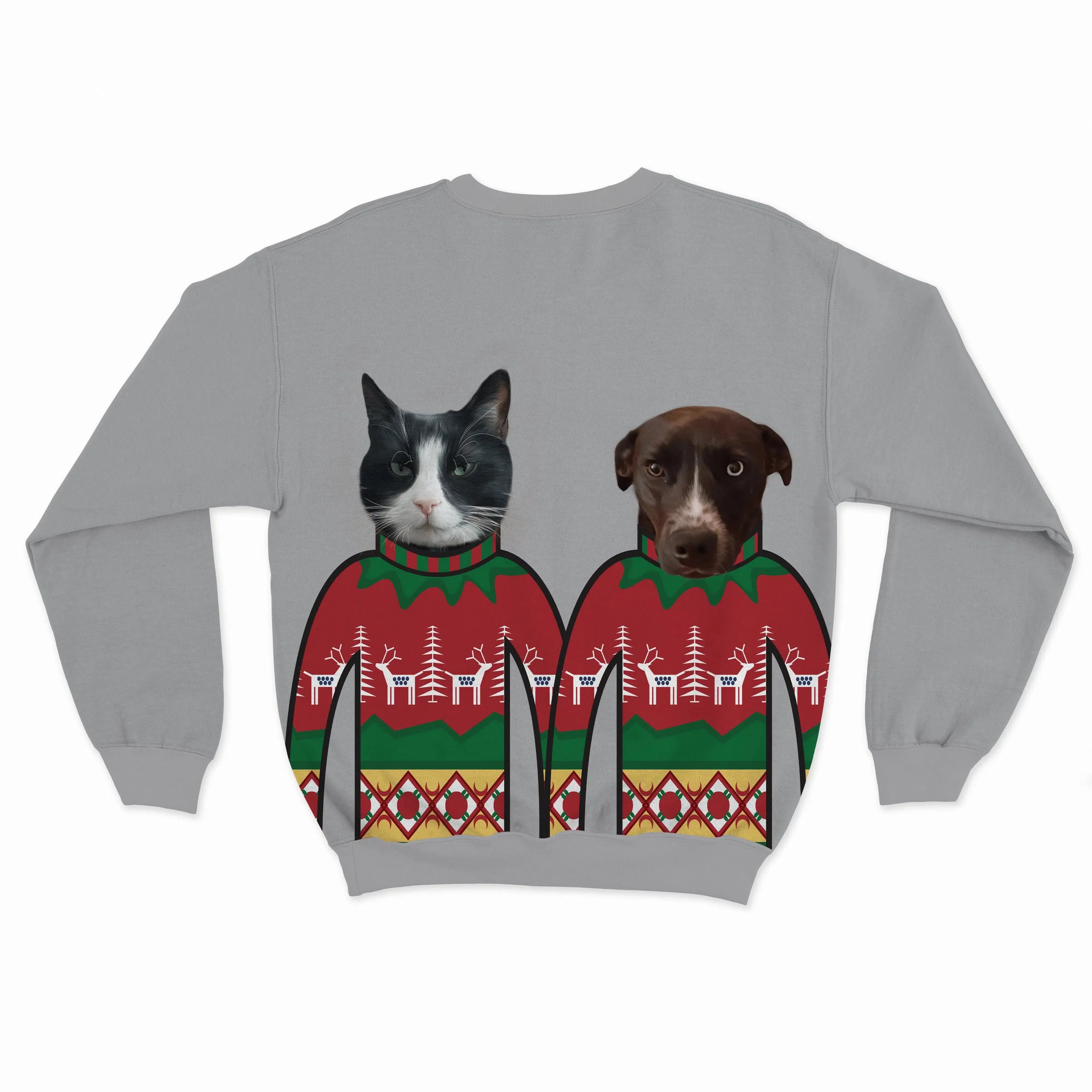 Royal and Paws - Custom Clothing Custom Pet Face Christmas Sweatshirt - Two Pets Sports Grey / Red / S
