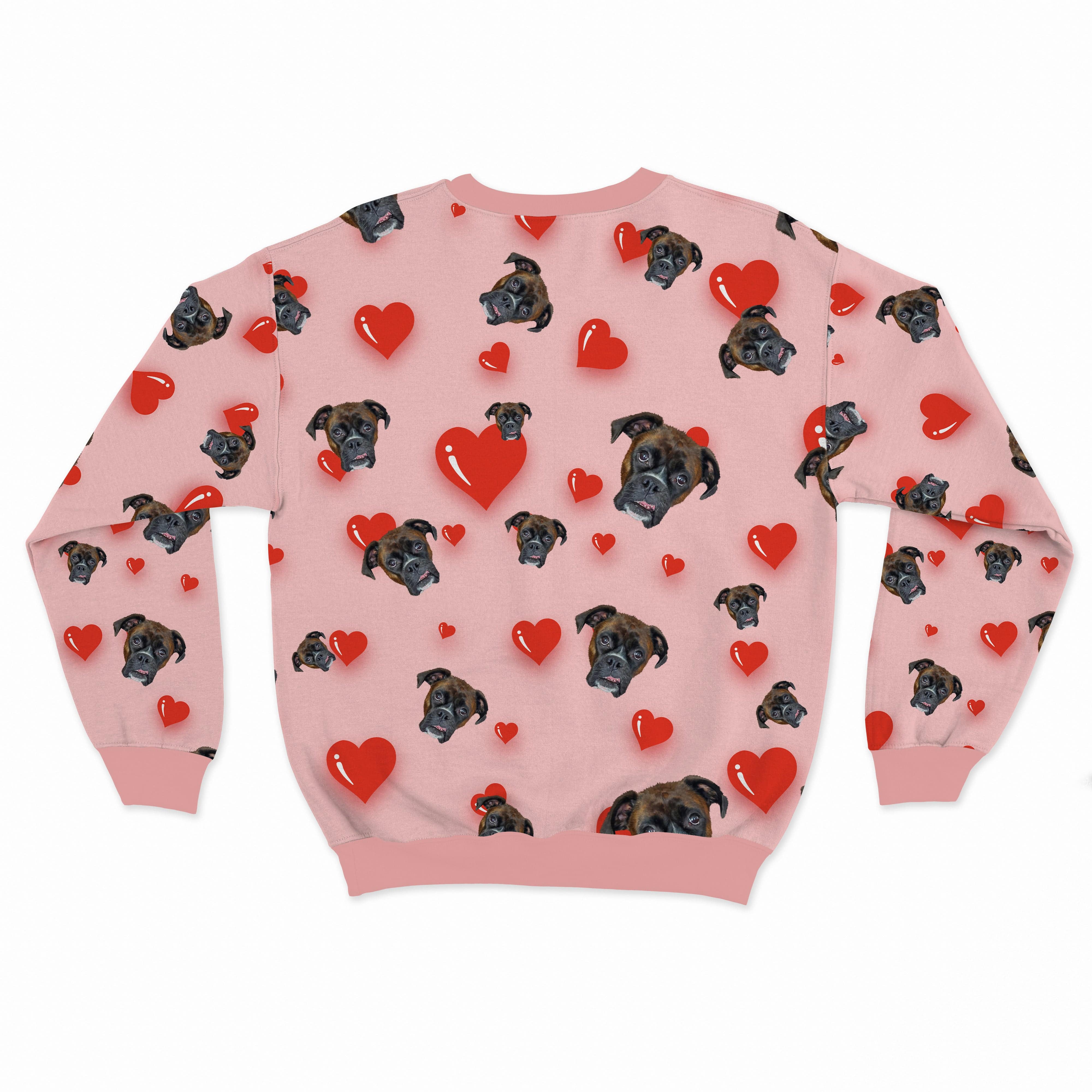 Royal and Paws - Custom Clothing Pet Face Pattern Valentines Sweatshirt Pink with Red Hearts / S