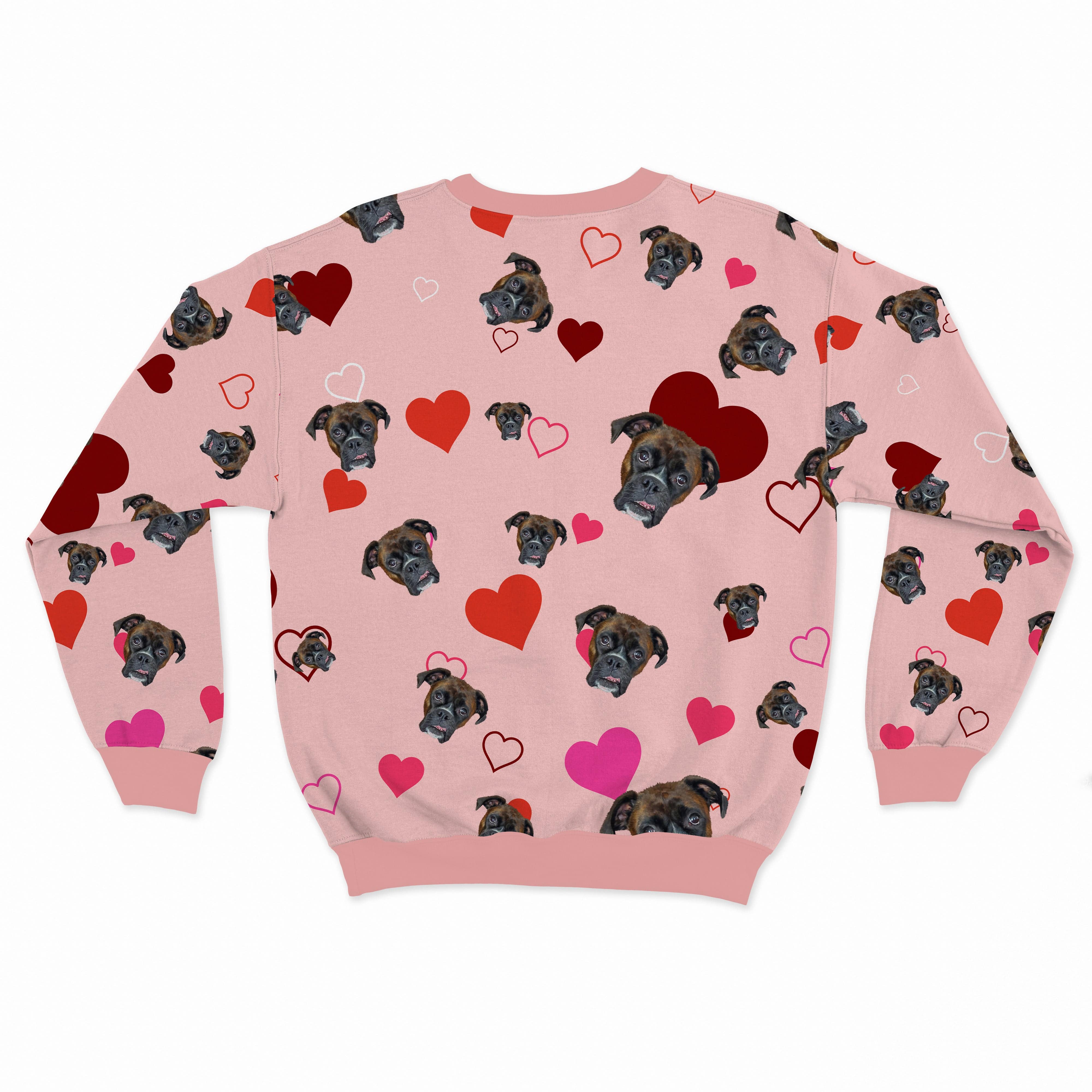 Royal and Paws - Custom Clothing Pet Face Pattern Valentines Sweatshirt Pink with Colored Hearts / S