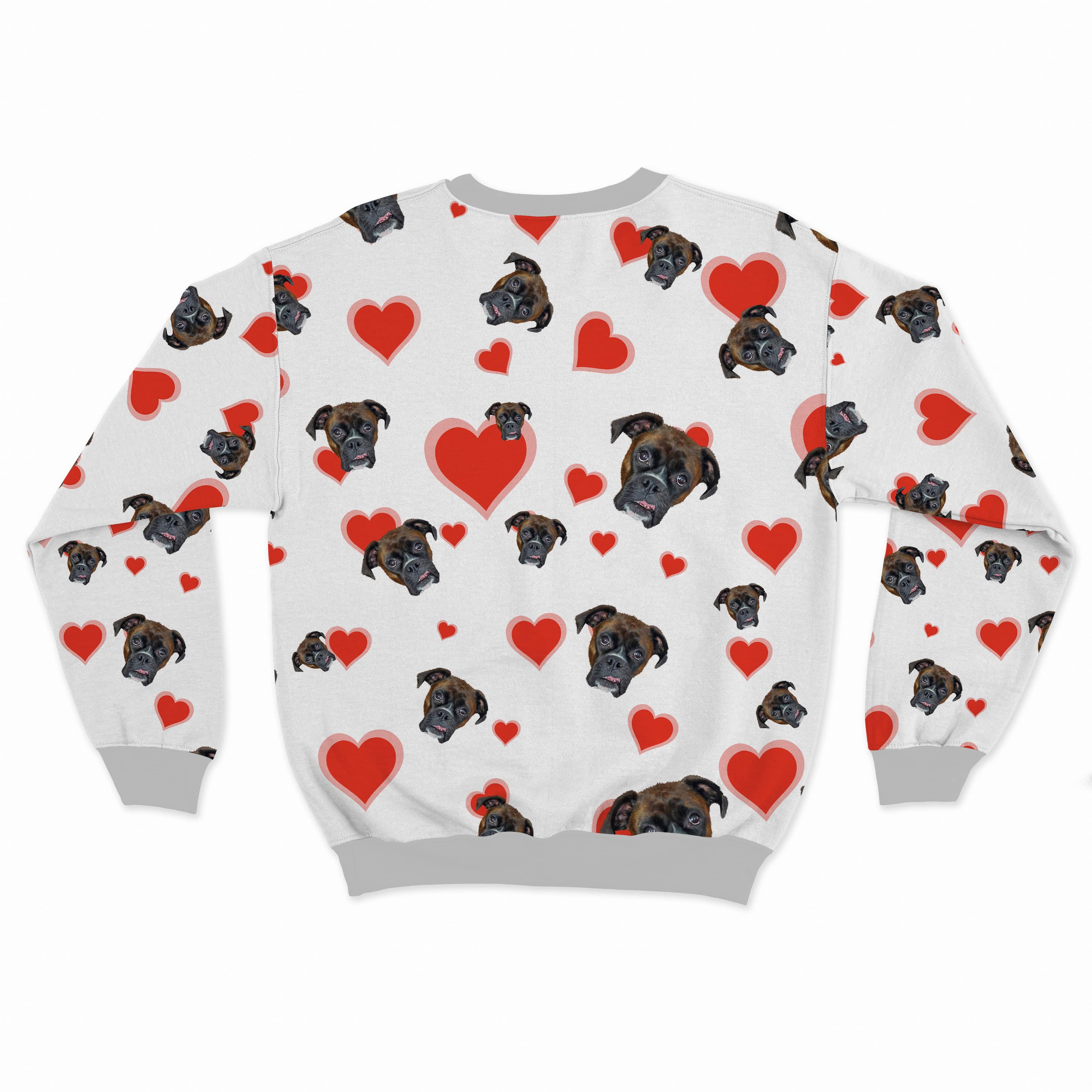 Royal and Paws - Custom Clothing Pet Face Pattern Valentines Sweatshirt White with Red Hearts / S